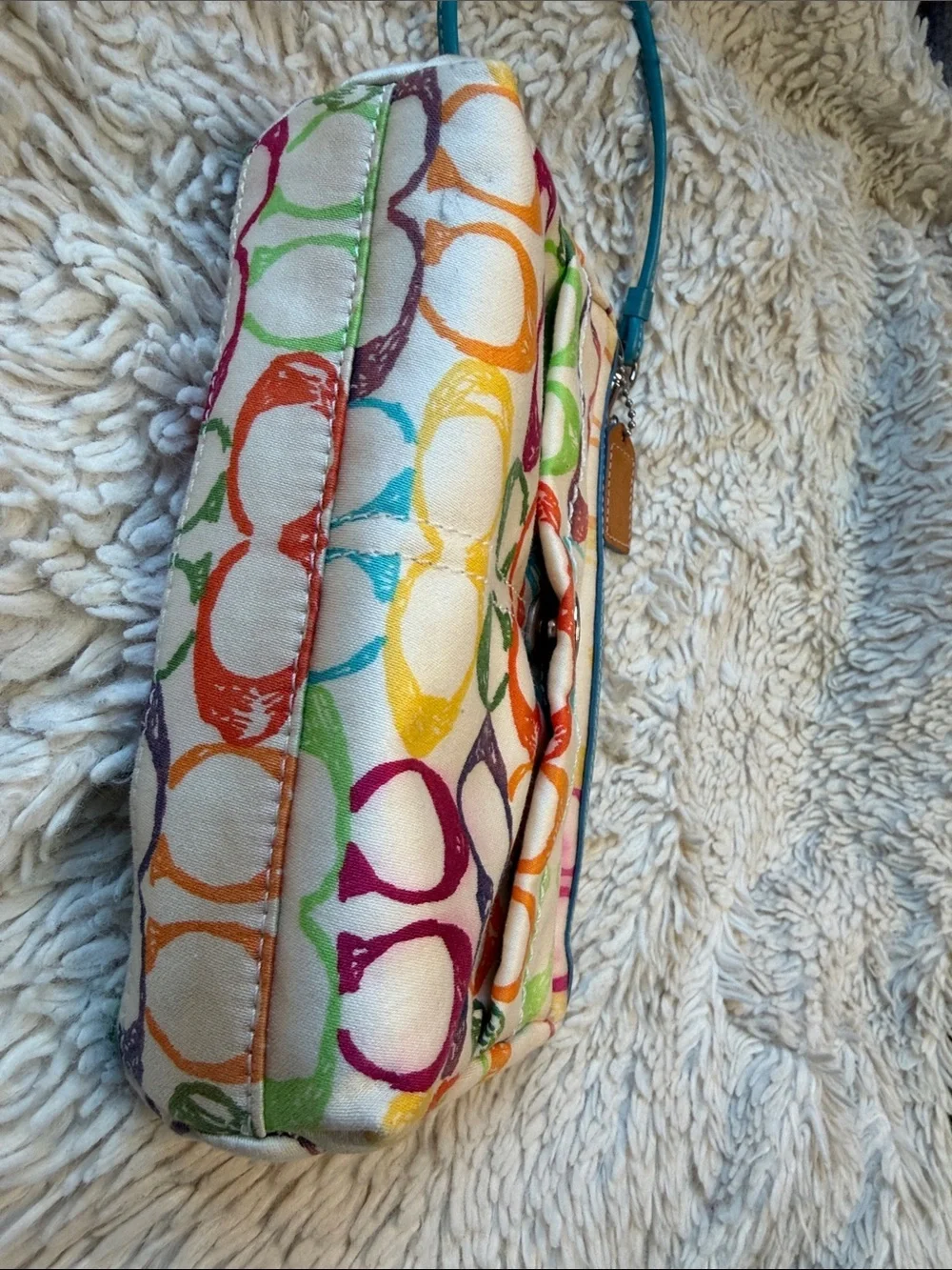 Vintage Coach Poppy Scribble  Wristlet/Clutch~Aqua Leather/Soft Canvas
